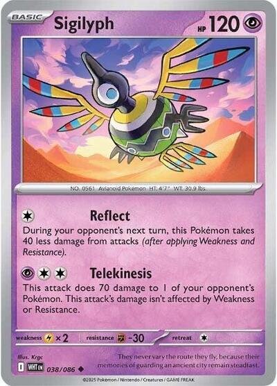 Pokémon card: Sigilyph (Poke Ball Pattern) 038/086 from White Flare (Uncommon), Psychic type, front of card