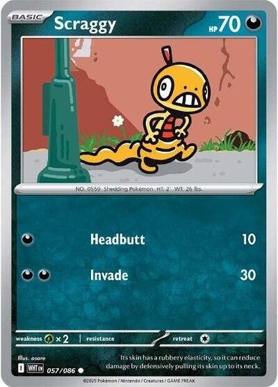 Pokémon card: Scraggy (Poke Ball Pattern) 057/086 from White Flare (Common), Darkness type, front of card
