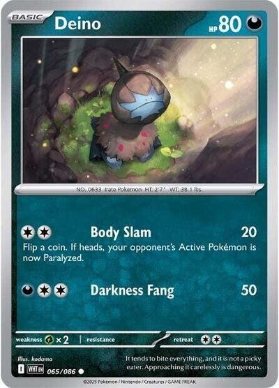 Pokémon card: Deino (Master Ball Pattern) 065/086 from White Flare (Common), Darkness type, front of card