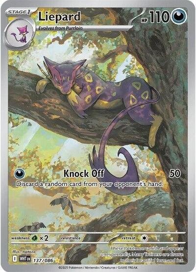 Pokémon card: Liepard 137/086 from White Flare (Illustration Rare), Darkness type, front of card