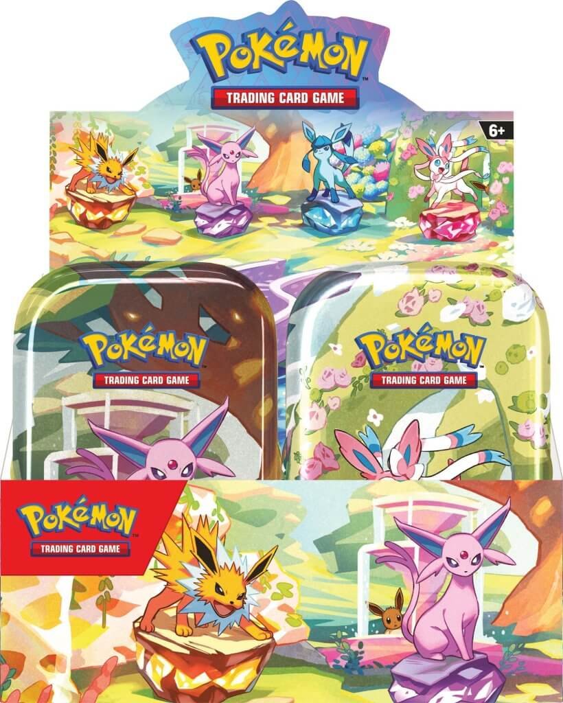 Pokémon TCG Prismatic Evolutions Mini-Tin Display (8 Mini-Tins), sealed product, front of box