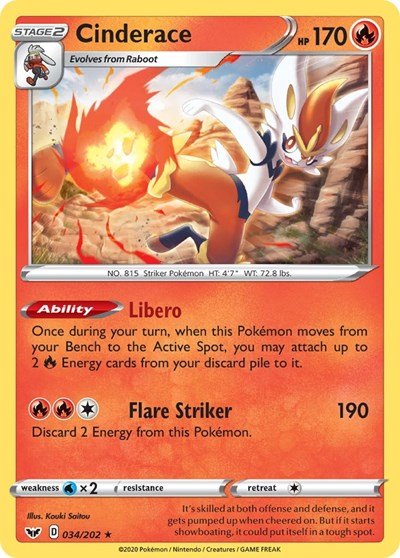 Pokémon card: Cinderace 034/202 from Sword & Shield base set (Holo Rare), Fire type, front of card