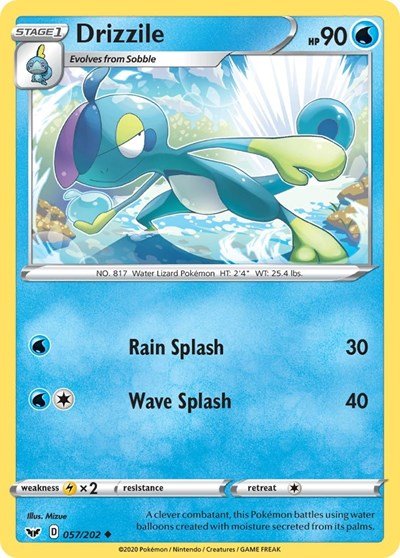 Pokémon card: Drizzile 057/202 from Sword & Shield base set (Uncommon), Water type, front of card