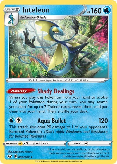 Pokémon card: Inteleon 058/202 from Sword & Shield base set (Holo Rare), Water type, front of card