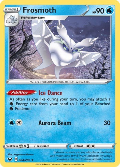 Pokémon card: Frosmoth 064/202 from Sword & Shield base set (Holo Rare), Water type, front of card
