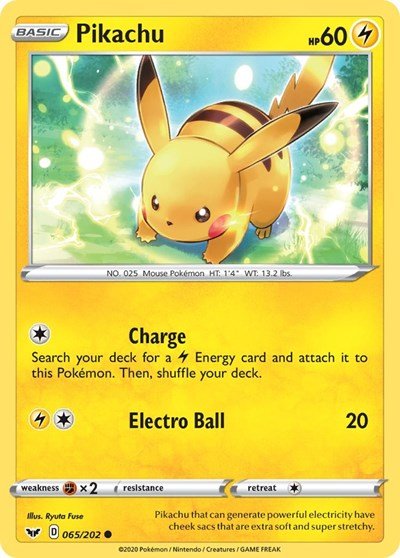 Pokémon card: Pikachu 065/202 from Sword & Shield base set (Common), Lightning type, front of card