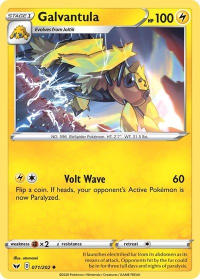 Pokémon card: Galvantula 071/202 from Sword & Shield base set (Uncommon), Lightning type, front of card