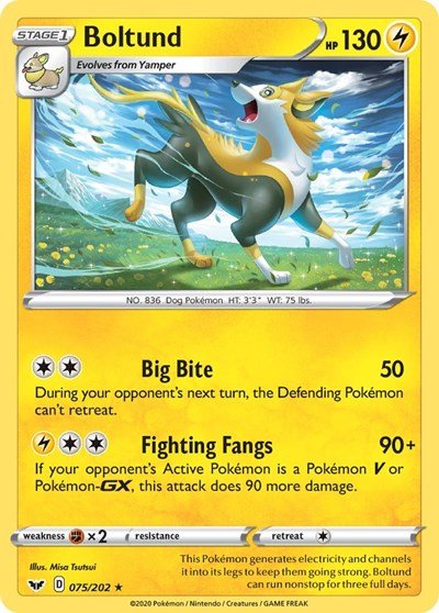 Pokémon card: Boltund 075/202 from Sword & Shield base set (Holo Rare), Lightning type, front of card