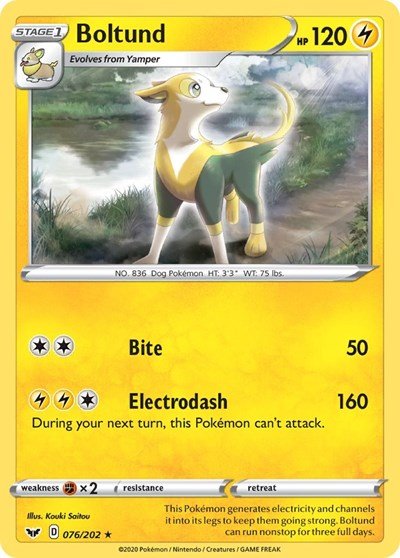 Pokémon card: Boltund 076/202 from Sword & Shield base set (Holo Rare), Lightning type, front of card