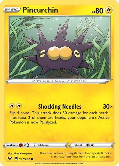 Pokémon card: Pincurchin 077/202 from Sword & Shield base set (Common), Lightning type, front of card