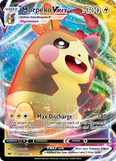 Pokémon card: Morpeko VMAX 080/202 from Sword & Shield base set (Ultra Rare), Lightning type, front of card