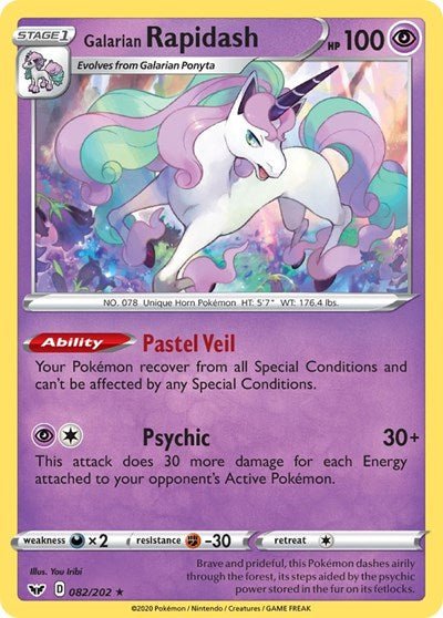 Pokémon card: Galarian Rapidash 082/202 from Sword & Shield base set (Rare), Psychic type, front of card