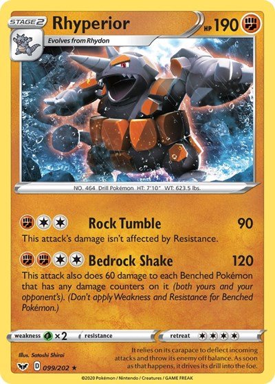 Pokémon card: Rhyperior 099/202 from Sword & Shield base set (Holo Rare), Fighting type, front of card