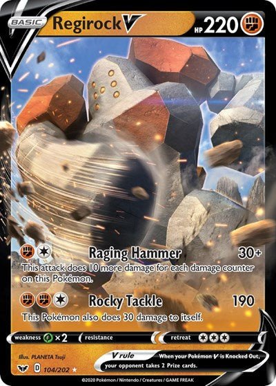 Pokémon card: Regirock V 104/202 from Sword & Shield base set (Ultra Rare), Fighting type, front of card