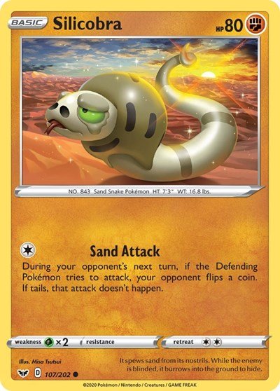 Pokémon card: Silicobra 107/202 from Sword & Shield base set (Common), Fighting type, front of card