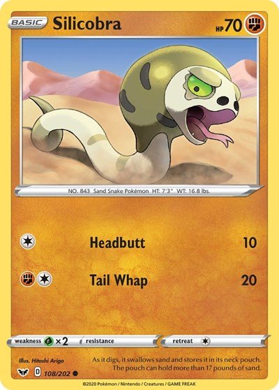 Pokémon card: Silicobra 108/202 from Sword & Shield base set (Common), Fighting type, front of card