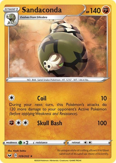 Pokémon card: Sandaconda 109/202 from Sword & Shield base set (Rare), Fighting type, front of card