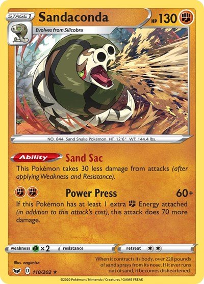Pokémon card: Sandaconda 110/202 from Sword & Shield base set (Holo Rare), Fighting type, front of card