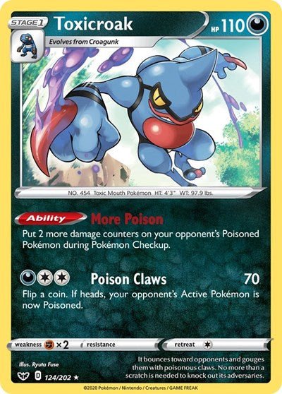 Pokémon card: Toxicroak 124/202 from Sword & Shield base set (Holo Rare), Darkness type, front of card