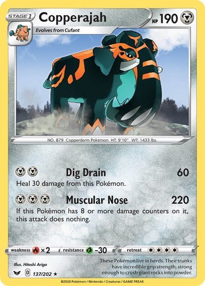 Pokémon card: Copperajah 137/202 from Sword & Shield base set (Holo Rare), Metal type, front of card