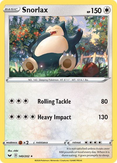 Pokémon card: Snorlax 140/202 from Sword & Shield base set (Rare), Colorless type, front of card