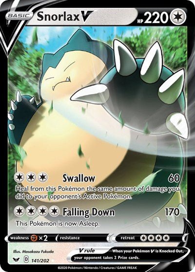 Pokémon card: Snorlax V 141/202 from Sword & Shield base set (Ultra Rare), Colorless type, front of card