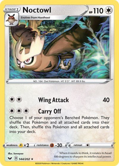 Pokémon card: Noctowl 144/202 from Sword & Shield base set (Rare), Colorless type, front of card