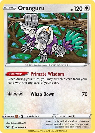 Pokémon card: Oranguru 148/202 from Sword & Shield base set (Holo Rare), Colorless type, front of card