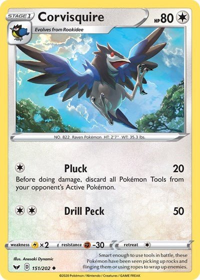Pokémon card: Corvisquire 151/202 from Sword & Shield base set (Uncommon), Colorless type, front of card