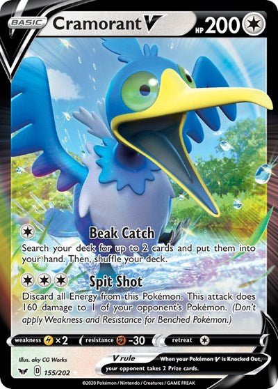 Pokémon card: Cramorant V 155/202 from Sword & Shield base set (Ultra Rare), Colorless type, front of card