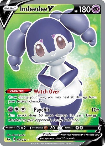 Pokémon card: Indeedee V (Full Art) 192/202 from Sword & Shield base set (Ultra Rare), Psychic type, front of card