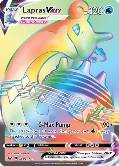 Pokémon card: Lapras VMAX 203/202 from Sword & Shield base set (Secret Rare), Water type, front of card