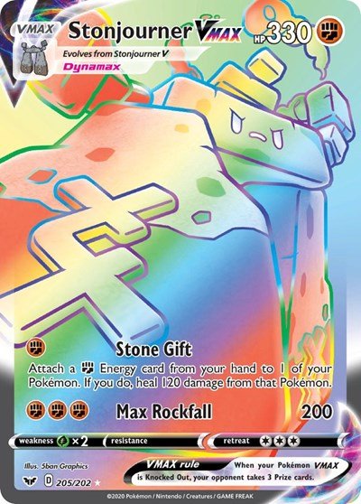Pokémon card: Stonjourner VMAX 205/202 from Sword & Shield base set (Secret Rare), Fighting type, front of card