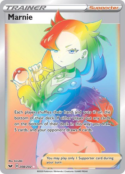Pokémon card: Marnie 208/202 from Sword & Shield base set (Secret Rare), front of card