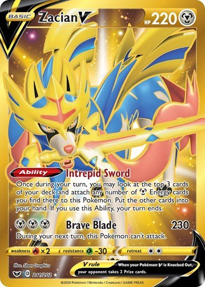 Pokémon card: Zacian V 211/202 from Sword & Shield base set (Secret Rare), Metal type, front of card