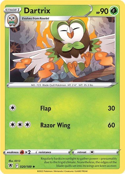 Pokémon card: Dartrix 020/189 from Astral Radiance (Uncommon), Grass type, front of card