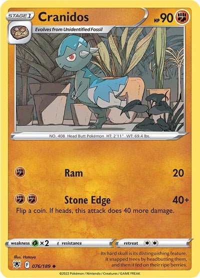 Pokémon card: Cranidos 076/189 from Astral Radiance (Uncommon), Fighting type, front of card
