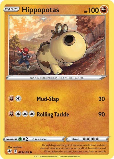 Pokémon card: Hippopotas 079/189 from Astral Radiance (Common), Fighting type, front of card