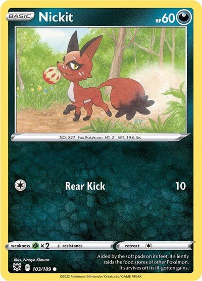 Pokémon card: Nickit 103/189 from Astral Radiance (Common), Darkness type, front of card