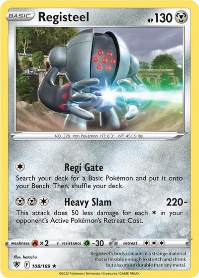 Pokémon card: Registeel 108/189 from Astral Radiance (Rare), Metal type, front of card