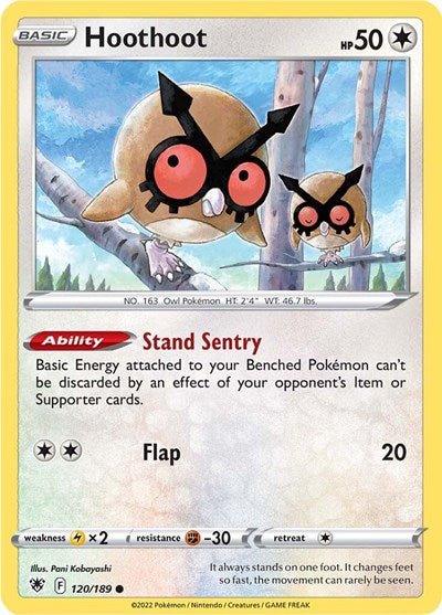 Pokémon card: Hoothoot 120/189 from Astral Radiance (Common), Colorless type, front of card