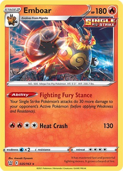Pokémon card: Emboar 025/163 from Battle Styles (Holo Rare), Fire type, front of card