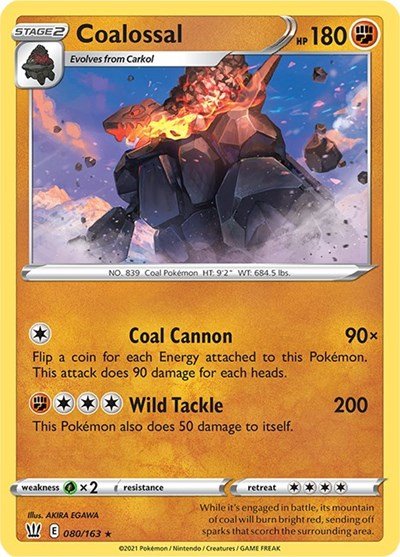 Pokémon card: Coalossal 080/163 from Battle Styles (Holo Rare), Fighting type, front of card