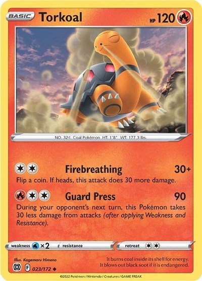 Pokémon card: Torkoal 023/172 from Brilliant Stars (Uncommon), Fire type, front of card