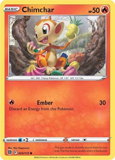 Pokémon card: Chimchar 024/172 from Brilliant Stars (Common), Fire type, front of card