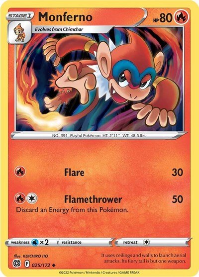 Pokémon card: Monferno 025/172 from Brilliant Stars (Uncommon), Fire type, front of card