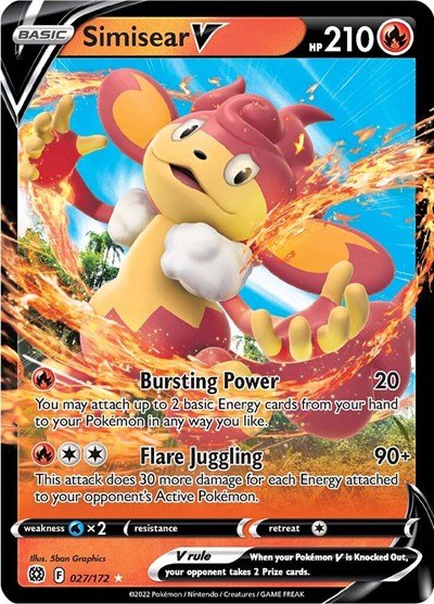 Pokémon card: Simisear V 027/172 from Brilliant Stars (Ultra Rare), Fire type, front of card