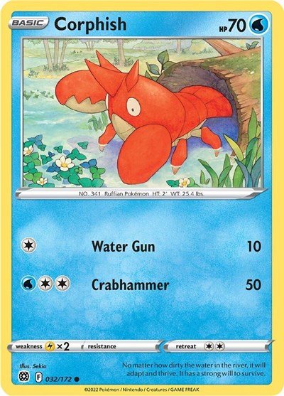 Pokémon card: Corphish 032/172 from Brilliant Stars (Common), Water type, front of card