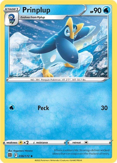 Pokémon card: Prinplup 036/172 from Brilliant Stars (Uncommon), Water type, front of card