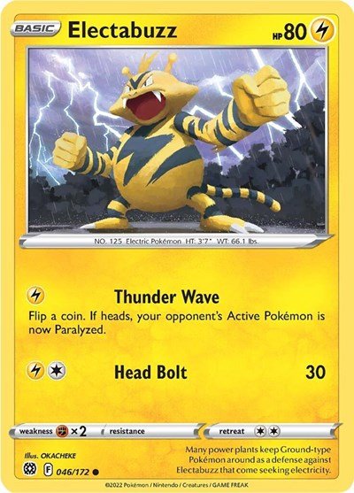 Pokémon card: Electabuzz 046/172 from Brilliant Stars (Common), Lightning type, front of card